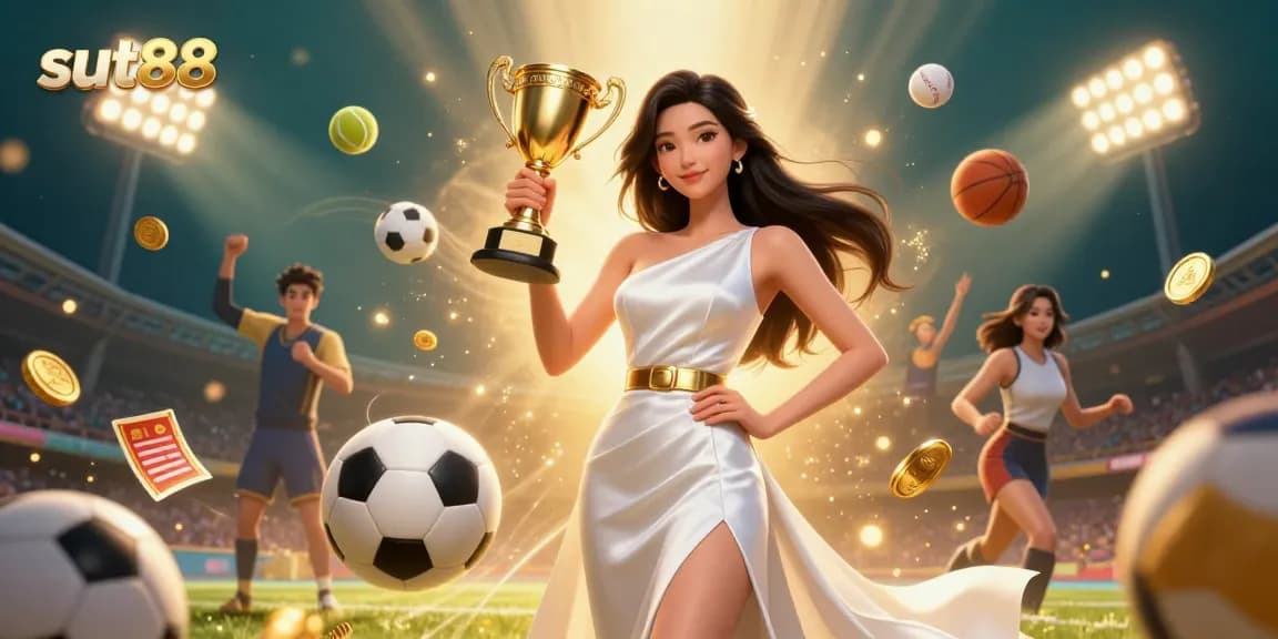 Sut88 showcases thrilling sports betting with a victorious Asian woman, trophy, and dynamic sports elements.