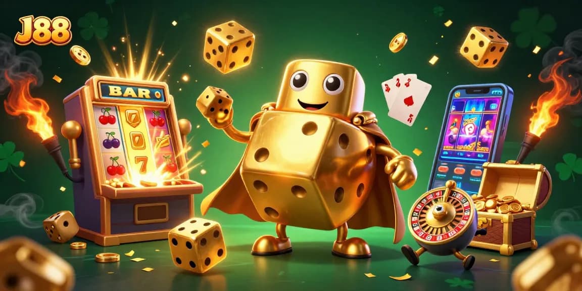 Win big with J88 in this vibrant 3D casino scene showcasing animated characters and exciting game elements.