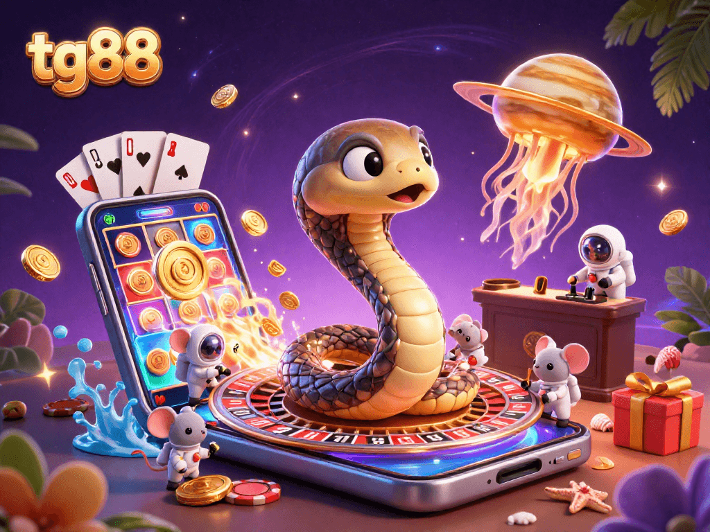Engage in thrilling TG88 games with a 3D cosmic casino scene featuring adorable betting mice.