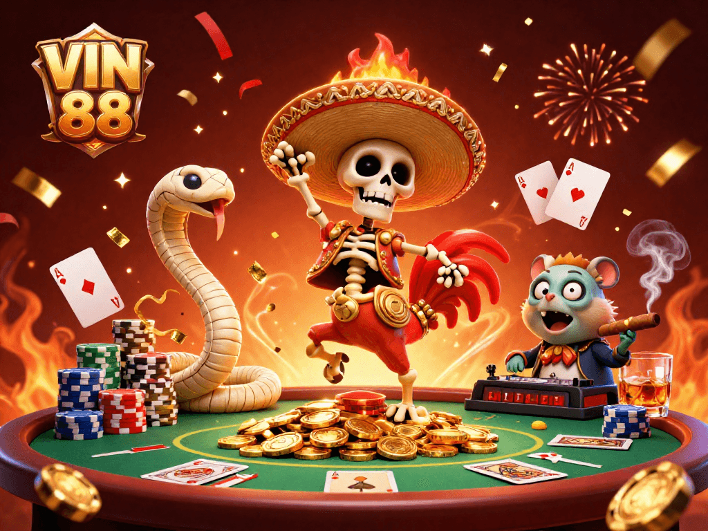 Experience the thrills of VIN 88 with our dynamic skeleton mariachi rooster and exciting poker game scene.