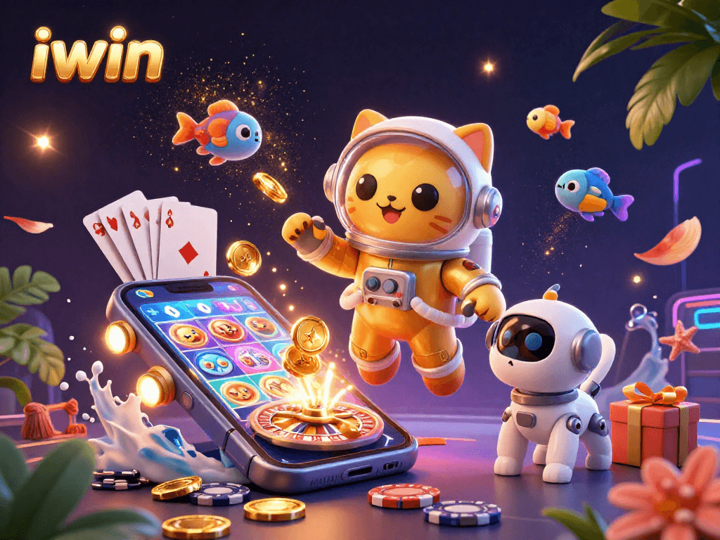 Spin the reels at iwin while enjoying a vibrant 3D casino scene with an astronaut cat and robot dog.