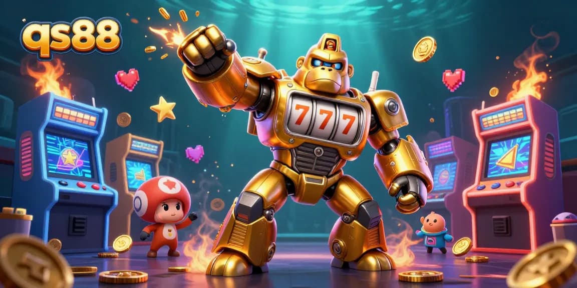 Experience excitement at qs88 with a dynamic 3D golden gorilla mech immersed in gaming action.
