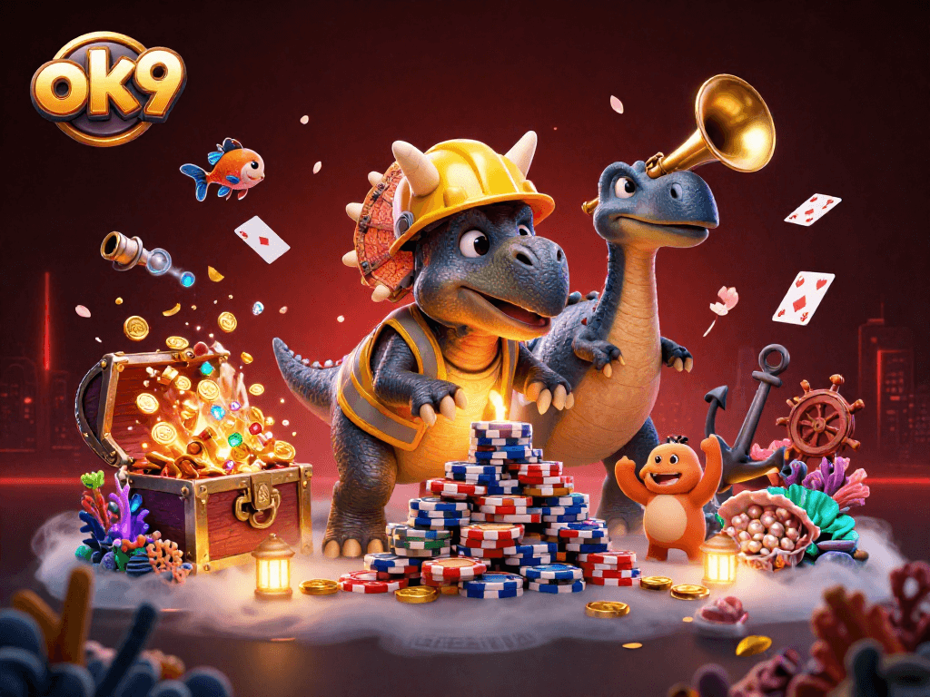 Join the excitement at ok9 with a celebration of games featuring a triceratops and treasure!