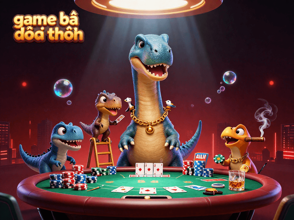 Engage in thrilling game bài đổi thưởng with a dino-themed poker showdown illustration.