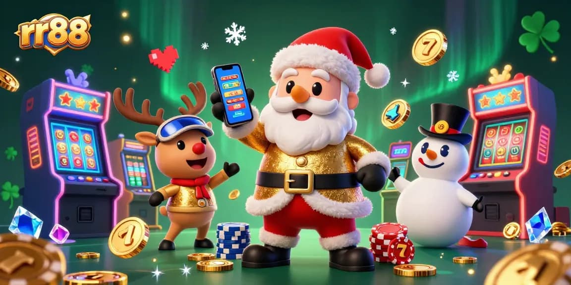 Experience the excitement of rr88 as Santa wins jackpot slots in a festive casino scene.