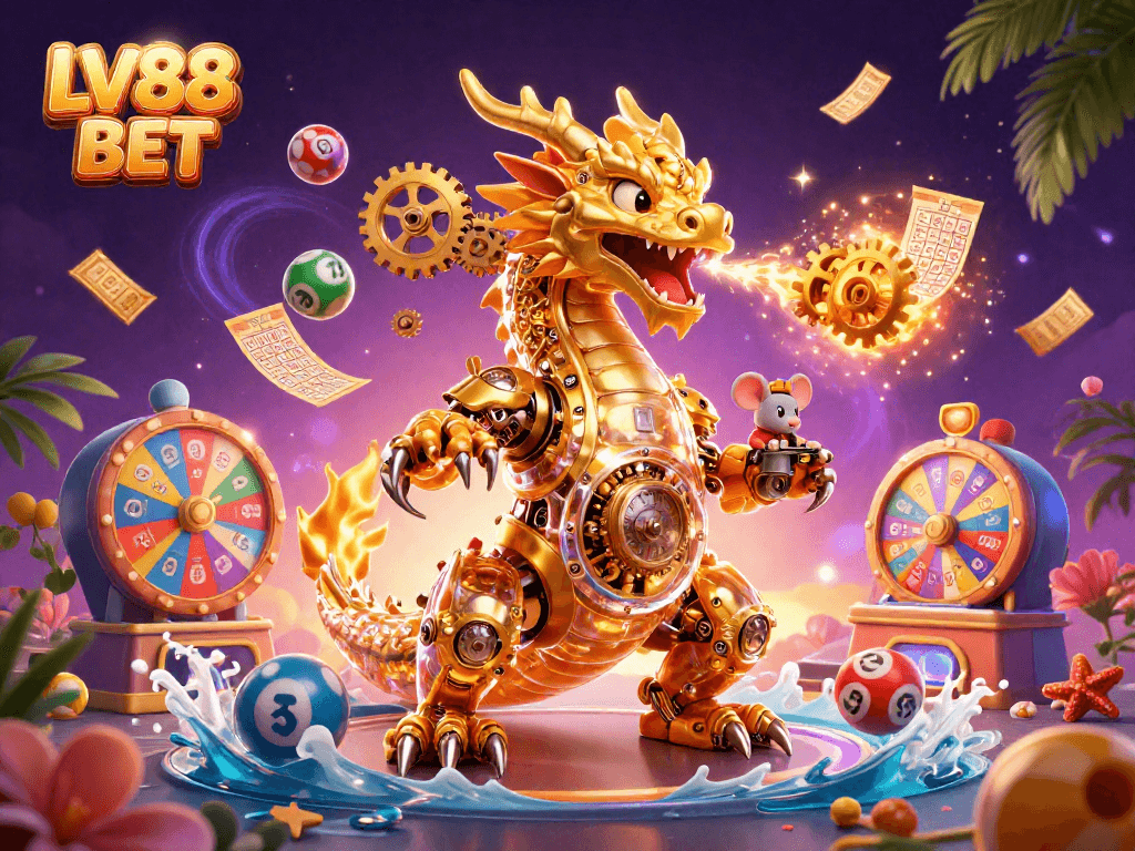Experience the excitement of LV88 BET with vibrant lottery balls and a golden dragon illustration.
