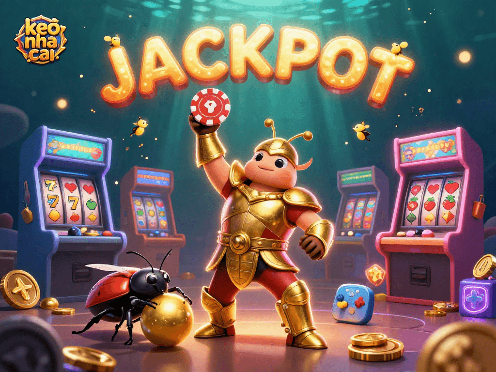 Celebrate keo nha cai wins with an exciting 3D cartoon game illustration featuring a heroic beetle and dynamic casino elements.