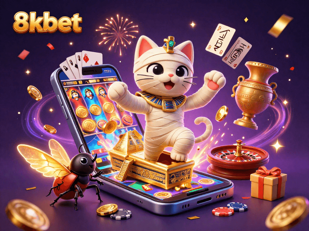 Experience the excitement of 8kbet with this dynamic casino scene featuring a mummy cat, scarab beetle, and vibrant game elements.