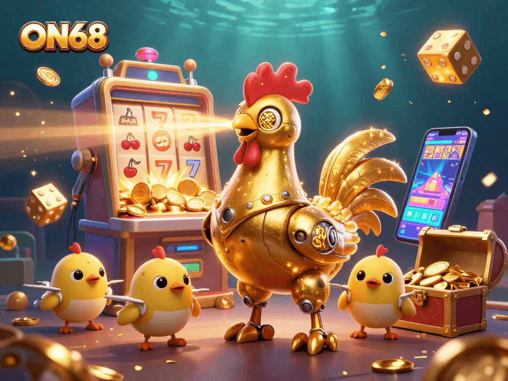 ON68 showcases a vibrant digital casino scene with a golden rooster robot amidst jackpot winnings and games.