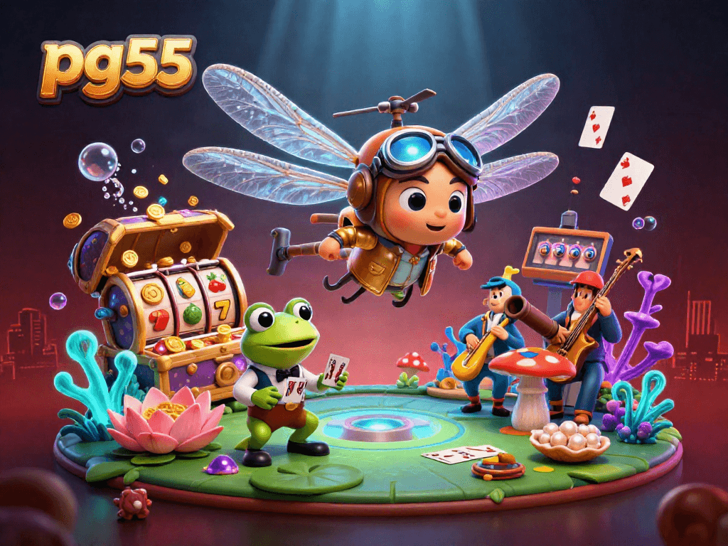 pg55 offers vibrant casino excitement with a dragonfly pilot and frog croupier in a lively underwater scene.