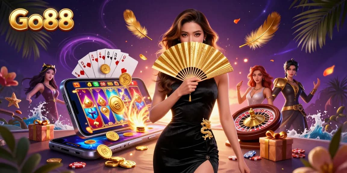 Experience the excitement at Go88 with a stunning Asian casino scene featuring slot games and golden rewards.
