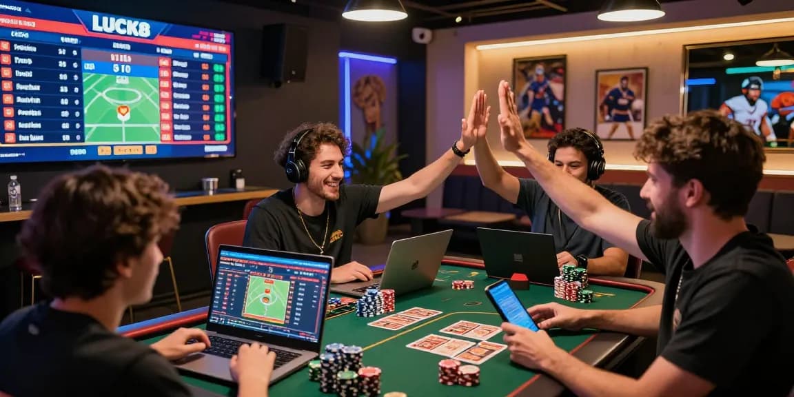 LUCK8 gaming lounge featuring lively players celebrating wins and dynamic digital betting screens.