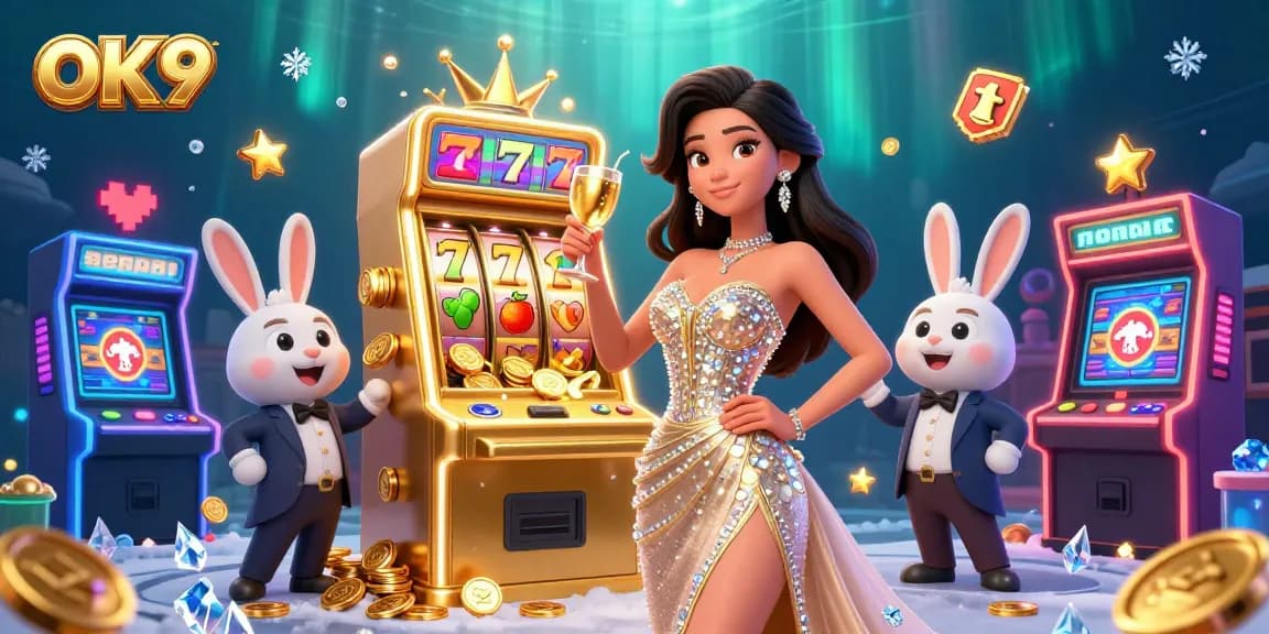 Engage in thrilling gameplay at OK9 with a glamorous setting featuring a jackpot slot machine and vibrant game elements.