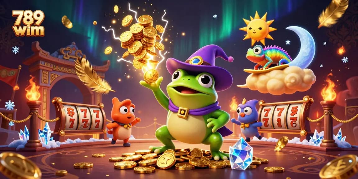 Experience the magic of 789 wim with a cartoon wizard frog and golden coins in an interactive casino scene.