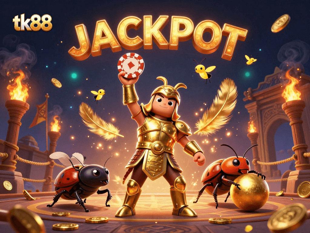 tk88's themed 3D illustration showing a beetle lifting a poker chip in a vibrant casino scene.