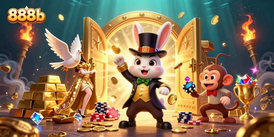 Experience thrilling gameplay at 888b with a magician rabbit and casino treasure highlights.