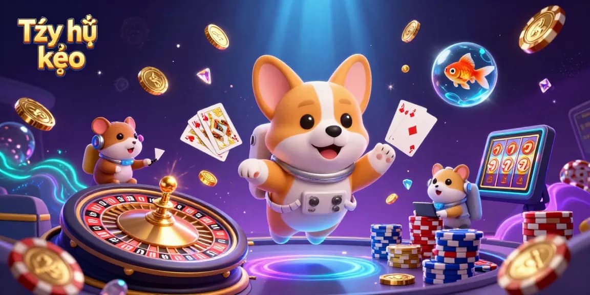 Tỷ lệ kèo showcases an astronaut corgi in a vibrant casino scene with colorful game elements.