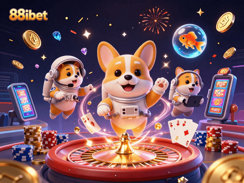 Experience the excitement of 88ibet in a virtual casino with a playful astronaut corgi and vibrant game elements.