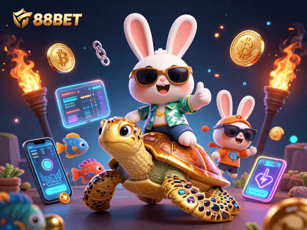 Experience F88BET with a lively lucky rabbit and golden turtle in a vibrant casino scene.