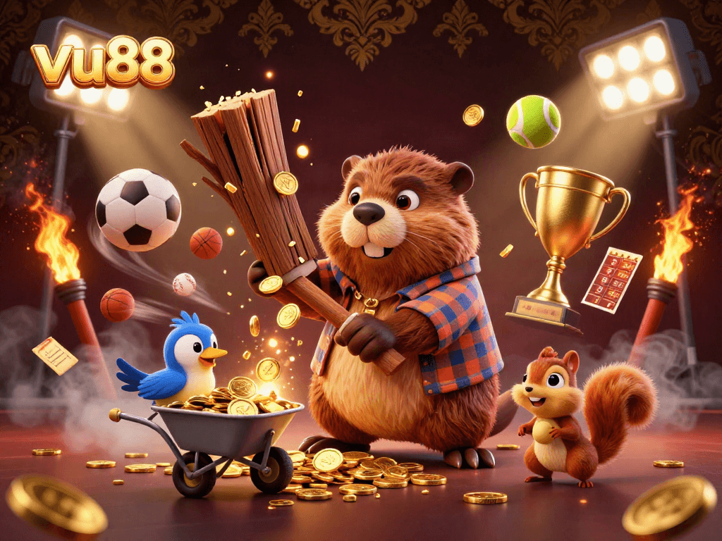 vu88 showcases a vibrant casino scene with a beaver, bird, and squirrel amid sports elements and golden coins.