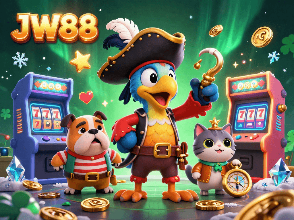 Play exciting slots at JW88 with colorful characters and vibrant game elements in a captivating 3D scene.
