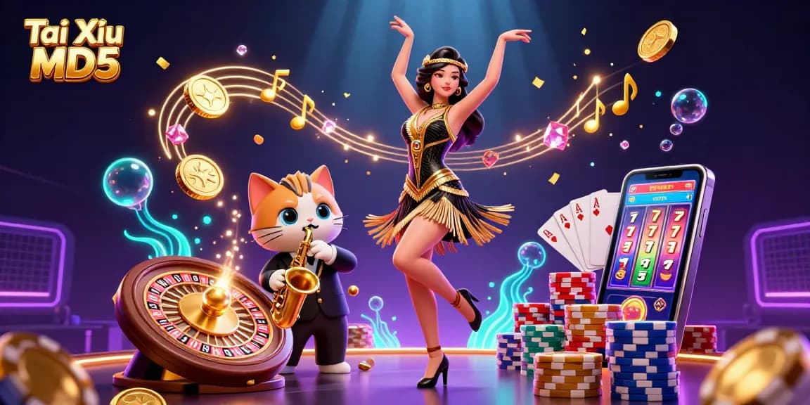 Tài Xỉu MD5's exciting atmosphere showcases stunning casino illustrations with vibrant coins and characters.
