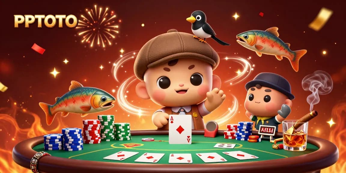 PPTOTO menampilkan adegan 3D yang cerah dari Nessie yang bermain, elemen poker, dan konfeti perayaan.