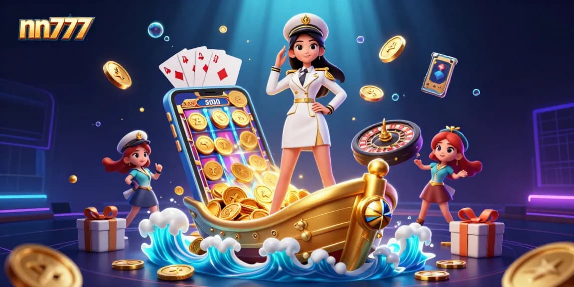 Win big with nn777 in this vibrant 3D casino scene showcasing slots, poker, and live games.