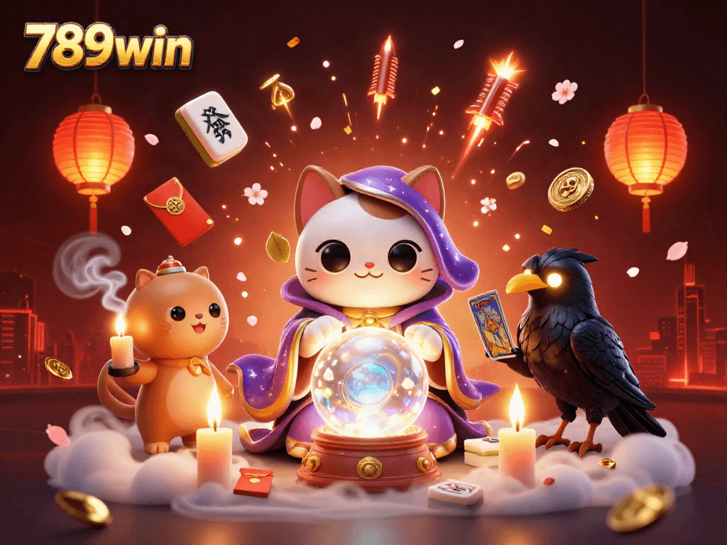 Engage in exciting gameplay with 789win, featuring a mystical cat fortune teller and vibrant casino elements.