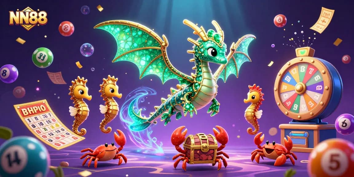Join the excitement with NN88 as colorful lottery balls and treasures surround a magical sea dragon scene.