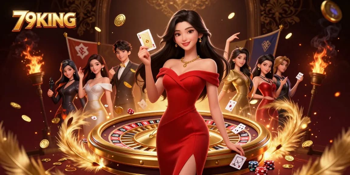 Experience the thrilling excitement of 79KING with a glamorous scene of a confident gambler.