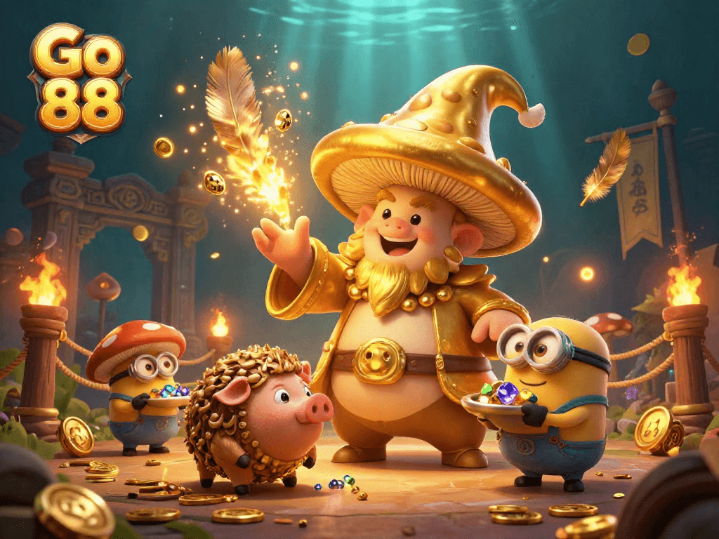 Experience the magical adventure of Go 88 with gold transformations and treasures in a vibrant casino scene.