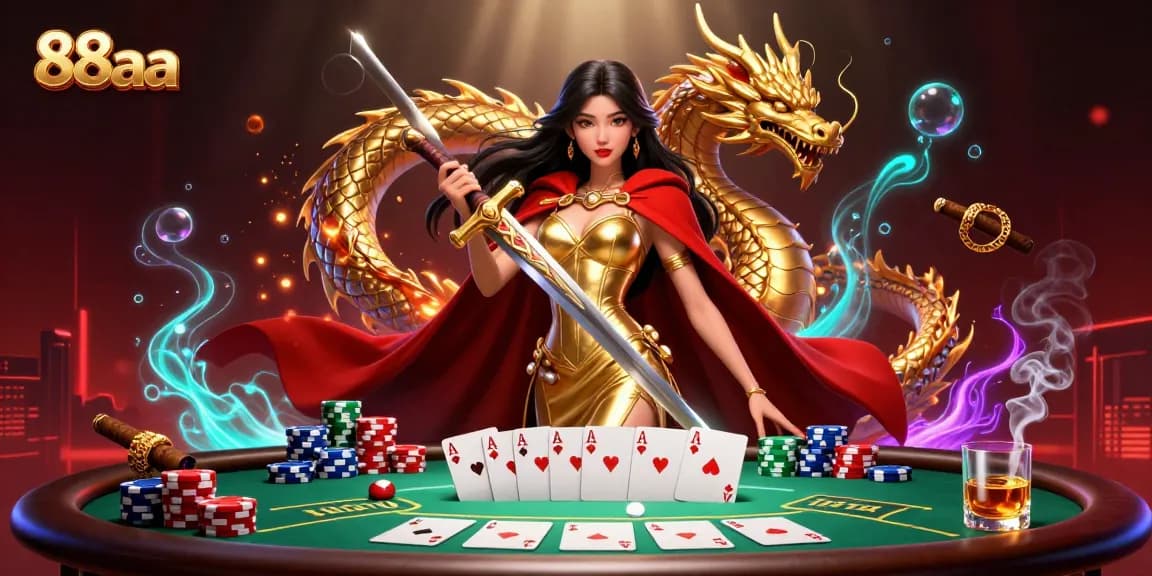 88aa enhances casino excitement with a dynamic and vibrant poker scene featuring a warrior queen and golden dragon.