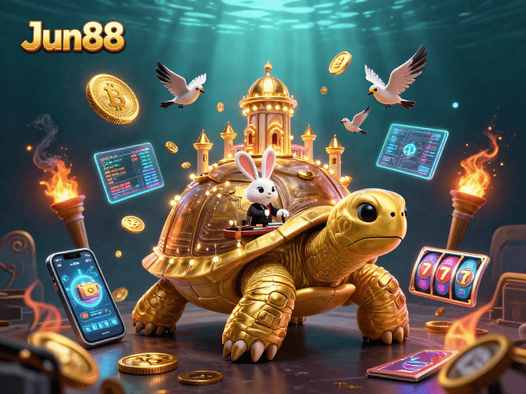 Experience thrilling gameplay at Jun88 with vibrant slot reels and a dynamic golden tortoise casino.