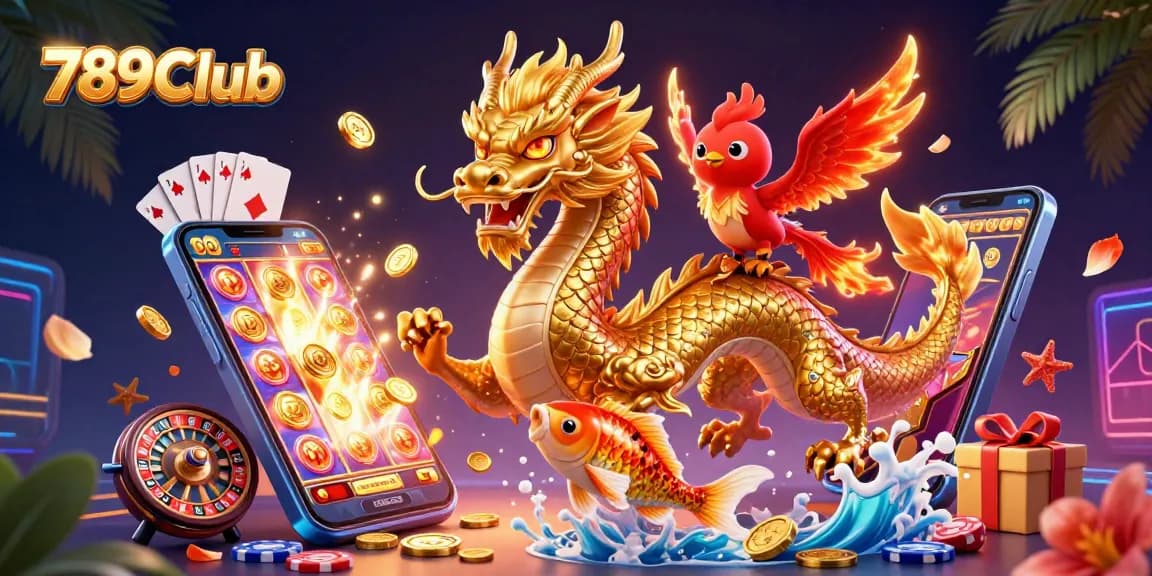 Experience thrilling gameplay at 789Club with a dynamic casino scene featuring a dragon, phoenix, and koi fish.