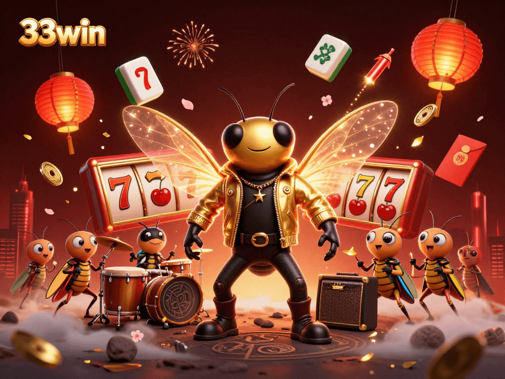 Engage with 33win in a vibrant 3D casino world featuring a rock star cicada and dynamic gaming elements.