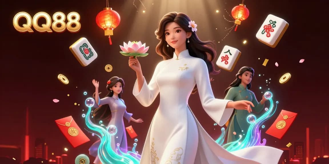 Experience the vibrant world of QQ88 casino with this enchanting 3D illustration showcasing a serene Asian woman amidst dynamic gaming elements, promoting exciting gameplay.