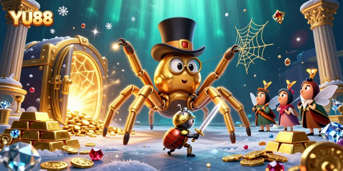 Engage with YU88's thrilling casino scene featuring a golden tarantula and beetle knight amidst treasures.