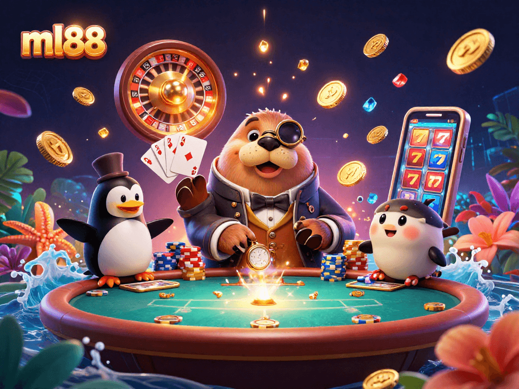 Experience thrilling casino games with ml88, featuring a lively walrus, penguin dealer, and pufferfish player.