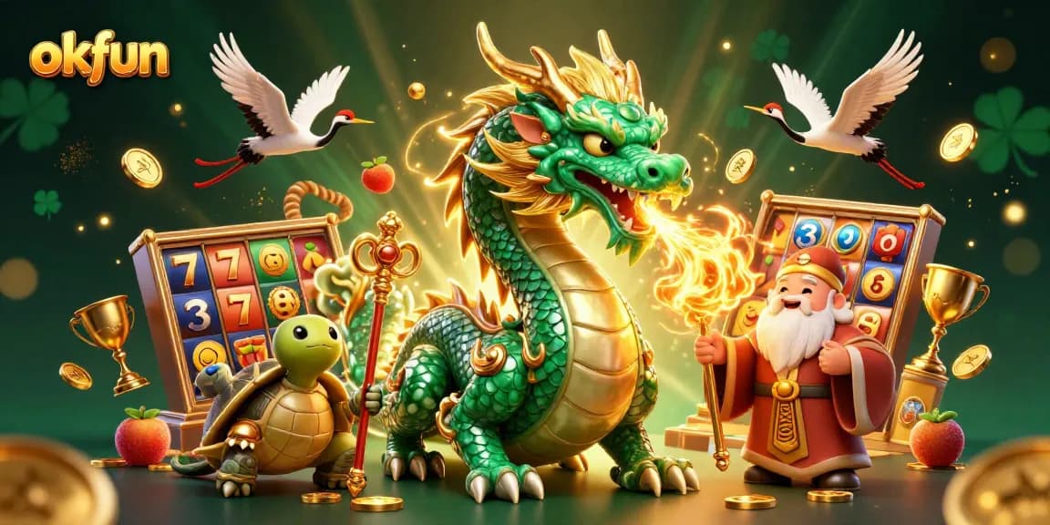 Experience thrilling gameplay at okfun with a vibrant illustration of a jade dragon and lucky cranes amidst casino games.
