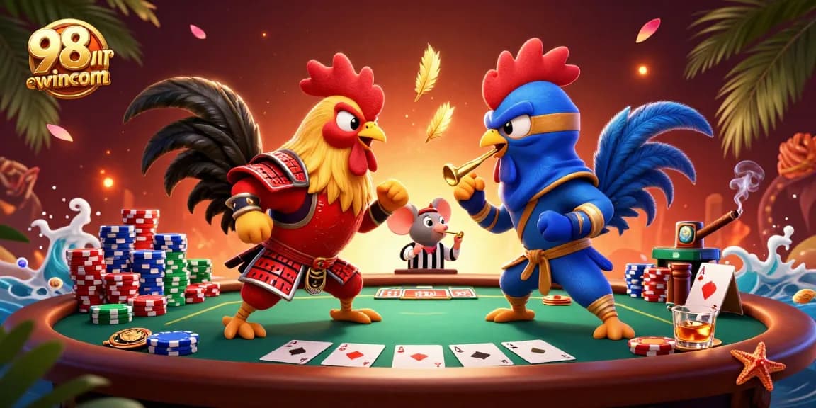 Engage with thrilling 98wincom action in a dynamic poker showdown featuring roosters.