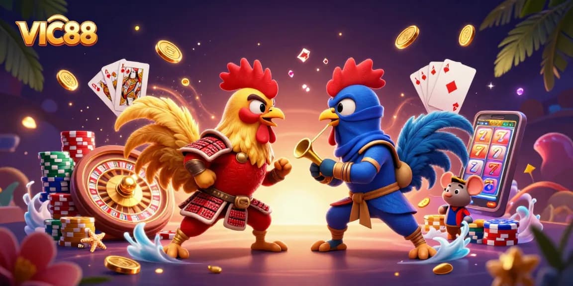 VIC88 presents an exciting 3D cartoon standoff with roosters in a casino backdrop.