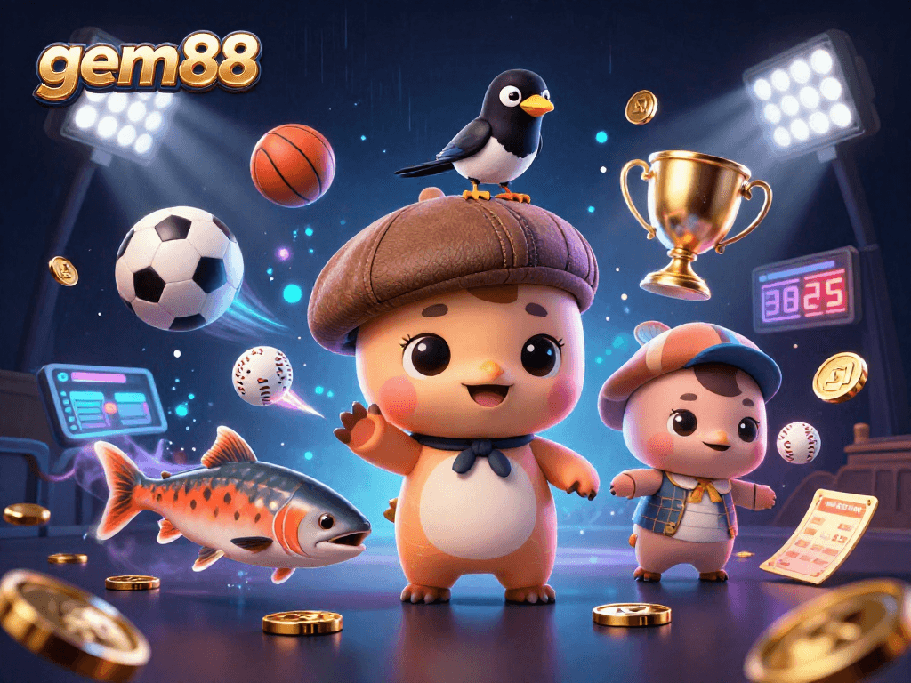 Experience gem88's dynamic casino scene with playful characters and vibrant sports elements in this detailed illustration.
