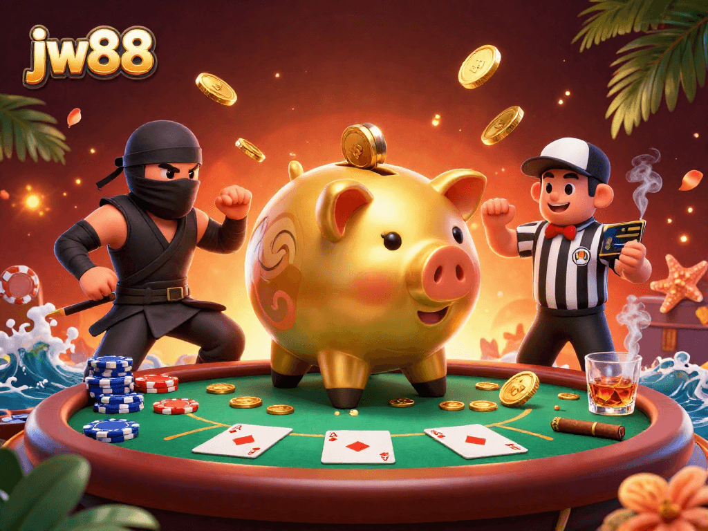 Engage in thrilling action at jw88 with a vibrant 3D casino scene featuring characters surrounded by poker elements and golden coins.