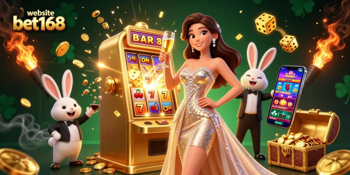 Experience thrilling gameplay at website bet168 with a stunning woman celebrating alongside a jackpot machine.