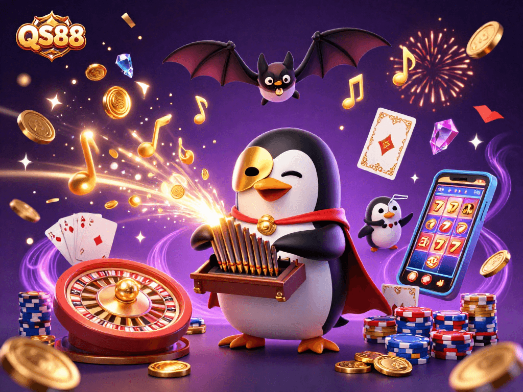 Experience the thrill of QS88 with a penguin in a golden mask orchestrating a casino masterpiece.