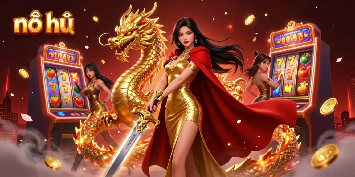 Win big with nổ hũ slots as a warrior queen commands a golden dragon amidst vibrant casino elements.