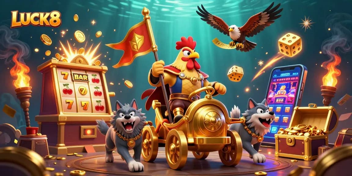 LUCK8 features a dynamic illustration of a rooster warlord leading a casino adventure with fierce wolves and gold treasures.