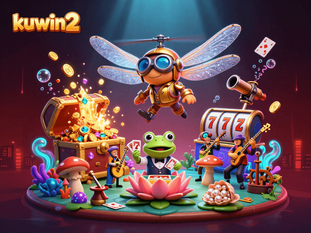 Experience kuwin2 action with a dragonfly pilot and frog dealer in a lively casino scene.