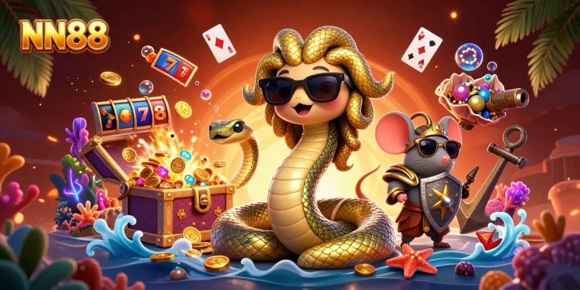 Experience thrilling gameplay with NN88, featuring a friendly Medusa and warrior mouse in a vibrant casino scene.